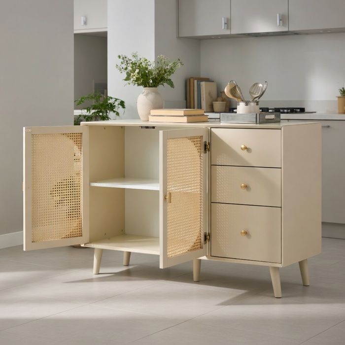 Buffet rangement 120 cm portes tiroirs meuble TV salon salle à manger blanc cassé -Pugsdrly