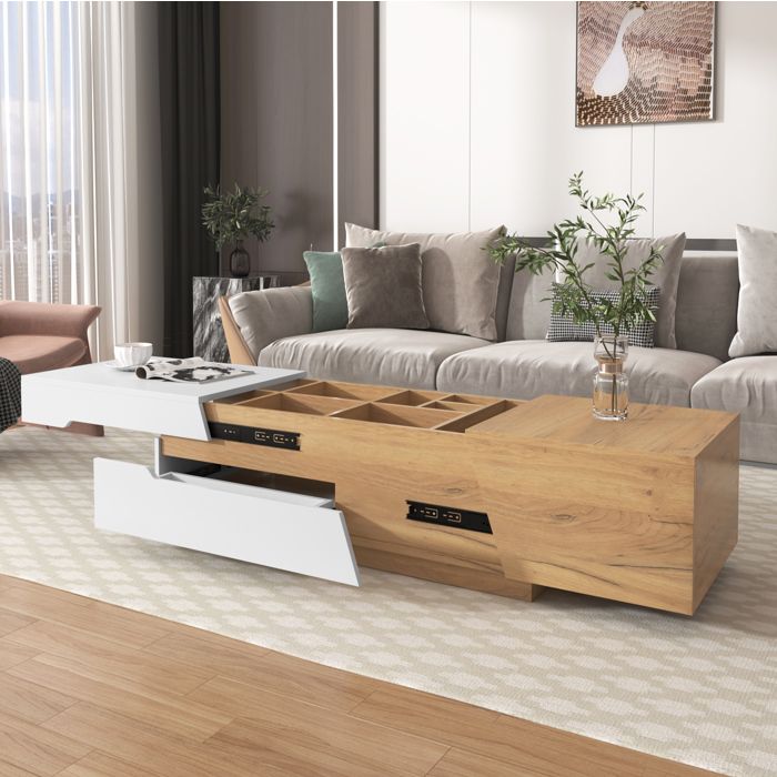 Table basse extensible 120x50x375 cm coulissante avec tiroirs et rangement intérieur MDF blanc et bois ORVRYN