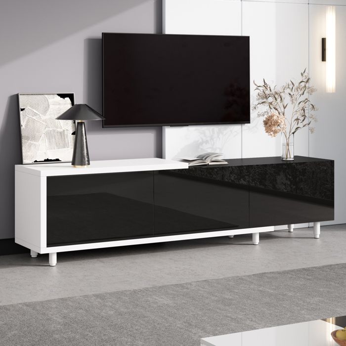Meuble TV bas extensible 3 portes brillantes niche ouverte charnières amorties pieds métal panneau de particules design moderne