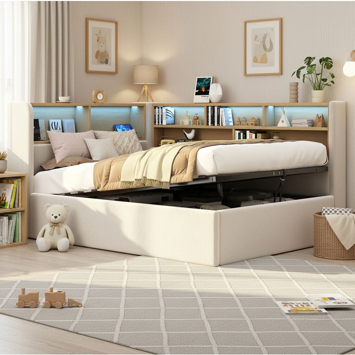 WOVREO Lit de jour 90 x 200 cm avec rangement hydraulique LED intégrée USB et USB-C velours beige
