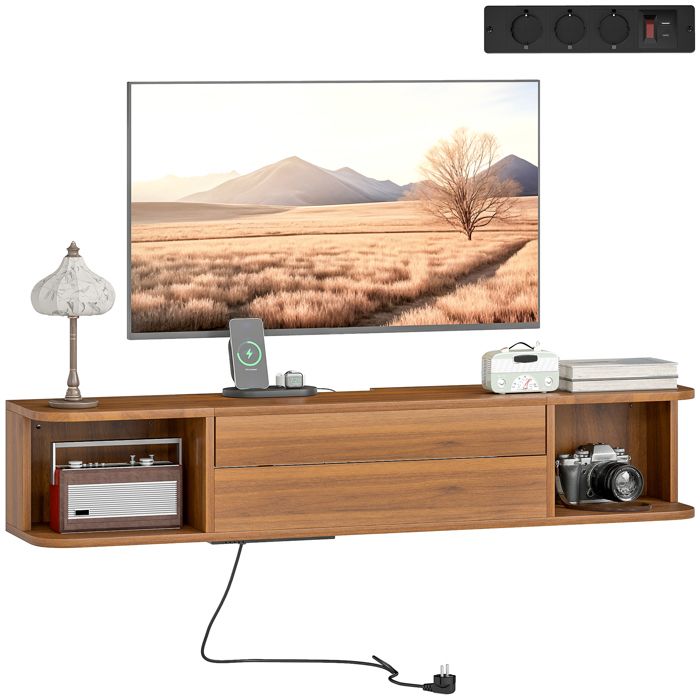 Meuble TV Mural Suspendu 120 cm - Jusquà 50 Pouces - Avec Prises de Courant USB et Type C - Noyer