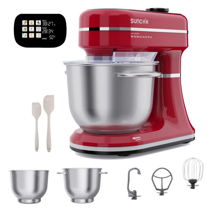 Robot Pâtissier SUNCOK Robot Culinaire Multifonction avec Bol Inoxydable Rouge