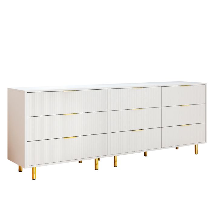 Commode modulaire blanche 200 cm avec 9 tiroirs design moderne poignées dorées et rangement spacieux