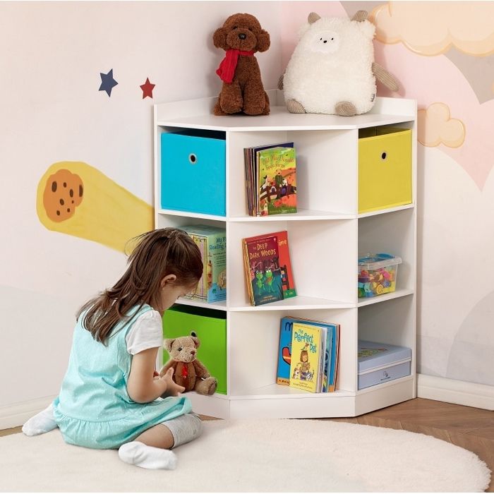 Bibliothèque DAngle Enfant MDF Blanc Étagère DAngle FloraGrace Pour Chambre Enfant 9 Cases Et 3 Bacs 57 4x57 4x94cm