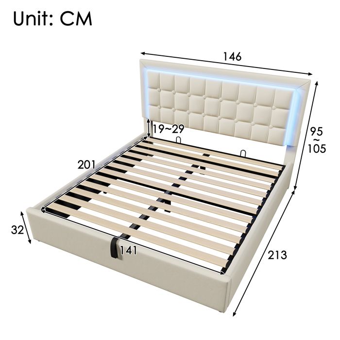 Lit double capitonné 140x200 cm blanc similicuir avec matelas coffre rangement LED sommier à lattes et cadre fonctionnel