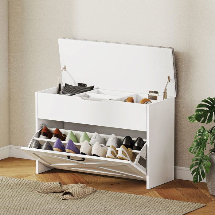 Banc à chaussures avec tiroir basculant et coffre capacité 8 paires 80 x 30 x 55 cm blanc