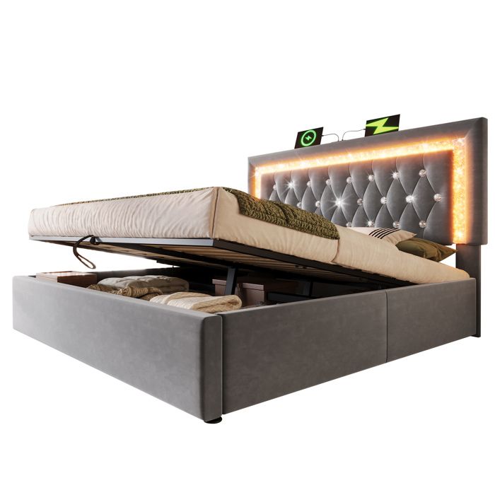 Lit coffre hydraulique 180x200 cm velours gris avec LED effet diamant USB et Type-C sommier à lattes