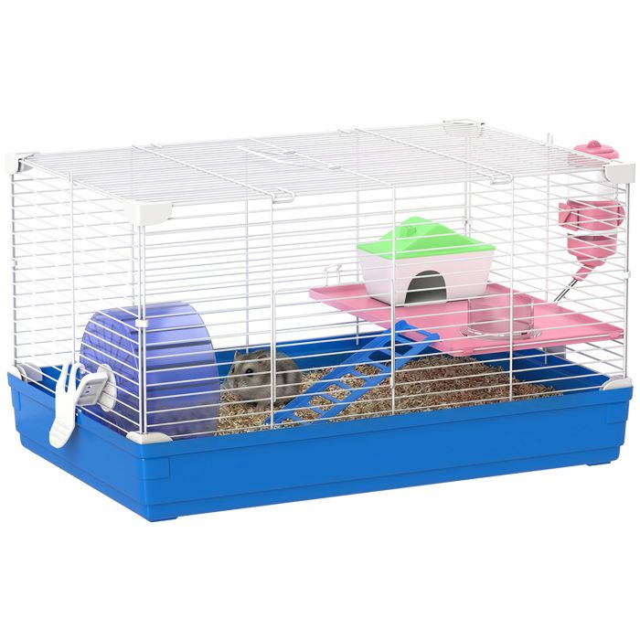 Cage hamster - PawHut - 2 niveaux base amovible pour nettoyage facile cabane roue dexercice échelle - métal - 47x30x27cm - bleu Cage hamster - PawHut - 2 niveaux base amovible pour nettoyage facile cabane roue dexercice échelle - métal - 47x30x27cm - bleu