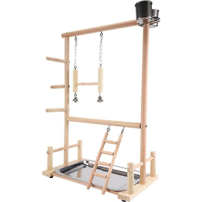 Perchoir en bois naturel pour perroquets – Support de jeu avec échelles et mangeoires en acier inoxydable – Dimensions 36 5 x 23 x