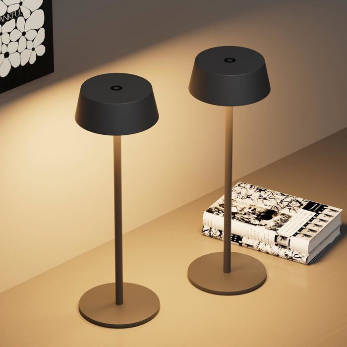 Lot de 2 lampes de bureau LED dimmables 3000K rechargeables USB 5000 mAh tactiles aluminium noir IP54 intérieur et extérieur