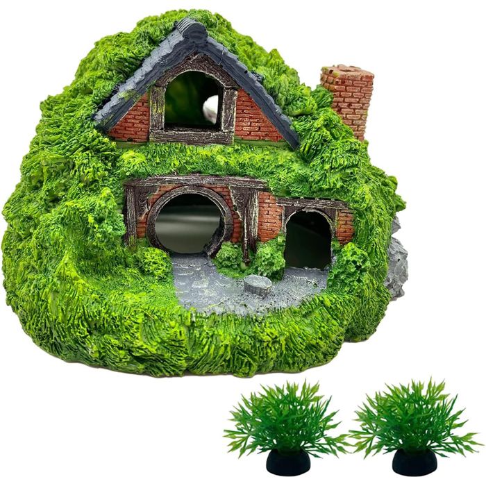 Décoration aquarium cabane Hobbit en résine 13 × 13 × 9 cm cachette pour poissons avec plantes aquatiques factices Décoration aquarium cabane Hobbit en résine 13 × 13 × 9 cm cachette pour poissons avec plantes aquatiques factices