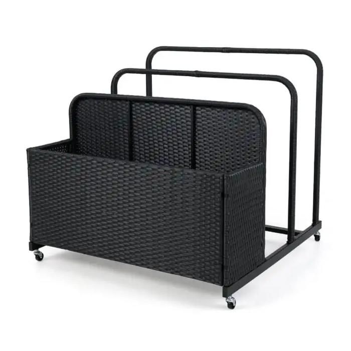 Rangement extérieur pour piscine en rotin PE 2 compartiments panier mobile à 4 roulettes pour terrasse et jardin