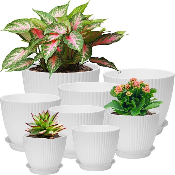 Lot de 8 pots de fleurs blancs - 18 x 18 x 18 cm - Plastique - Ronds - Soucoupes incluses - Trous de drainage