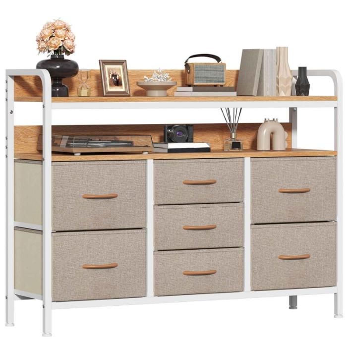 Commode 7 tiroirs tissu gris effet lin structure métal blanc 2 étagères effet bois chambre entrée 100 x 30 x 76 cm
