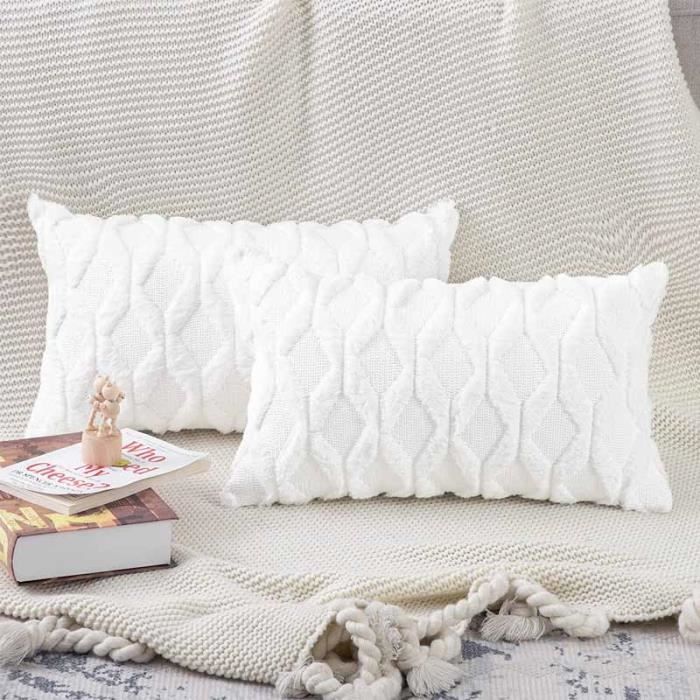 Housses de coussin - Luxe - 30 x 50 cm - Doux en laine synthétique - Blanc - Design contemporain