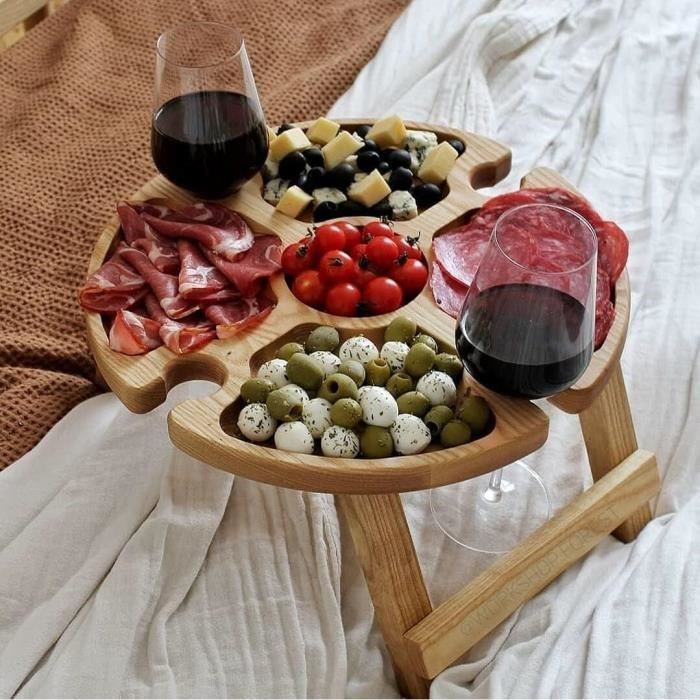 Plateau de pique-nique pliable avec support pour le vin et les verres - Repas portable en plein air - France