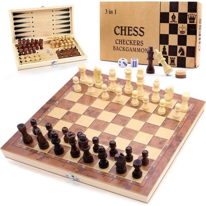 Jeu De Societe Jeu D'Échecs En Bois 3 En 1 Pliable - Échiquier Portable Avec Dames Et Backgammon