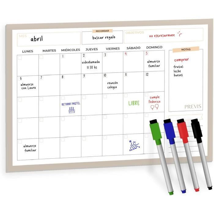 Planning Semaine Magnétique Frigo 43x32cm - Calendrier Organiseur Cuisine Avec Feutres Et Aimants - Anglais