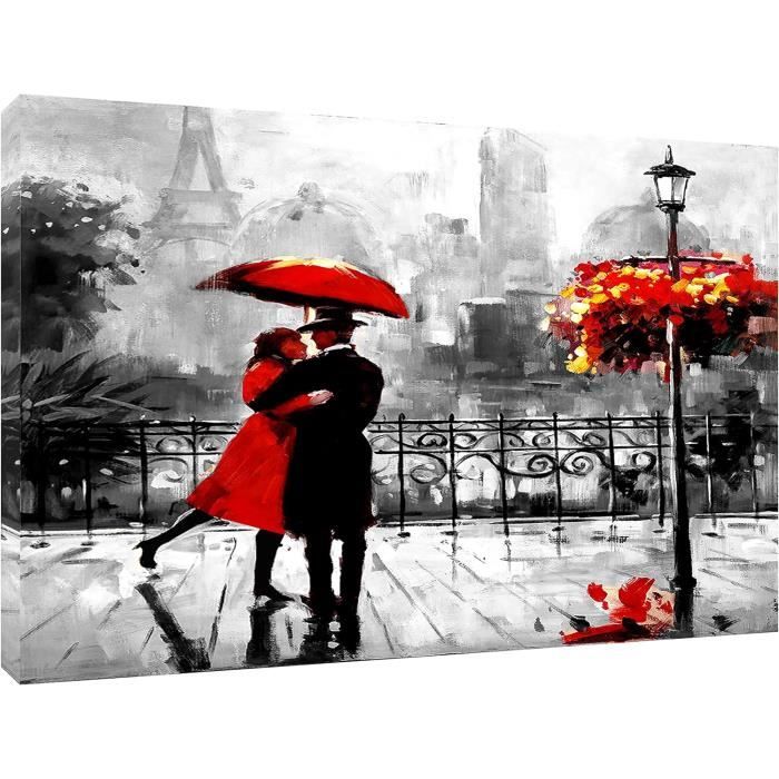 Couple Avec Parapluie Rouge Dans Paris Noir Fond Blanc Impression