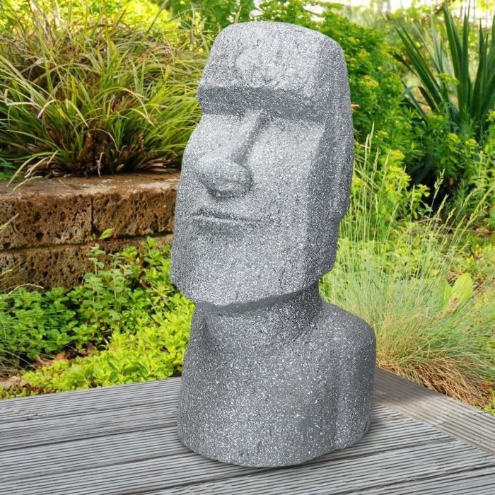 Statue Décorative Île De Pâques Rapa Nui Moai Tête 53,5 Cm Haut Figure Résine Pierre Moulée Gris Ornament Jardin Résistant Au[k64]