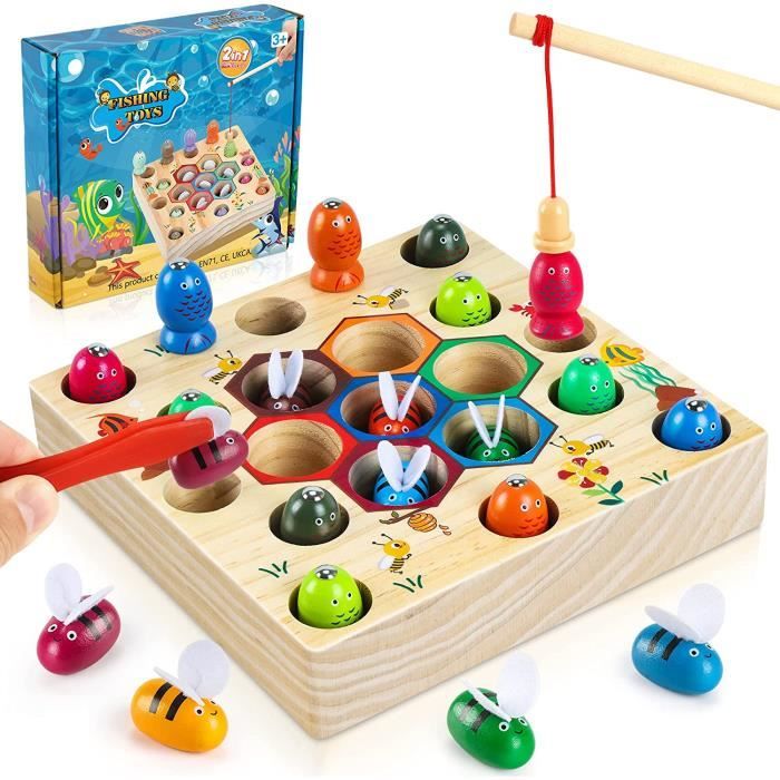 Montessori Jouet à partir de 3 ans pour garçons et filles - Jeu en bois à  partir de 3 ans - 6 en 1 - Jeu de pêche magnétique - Jeu éducatif