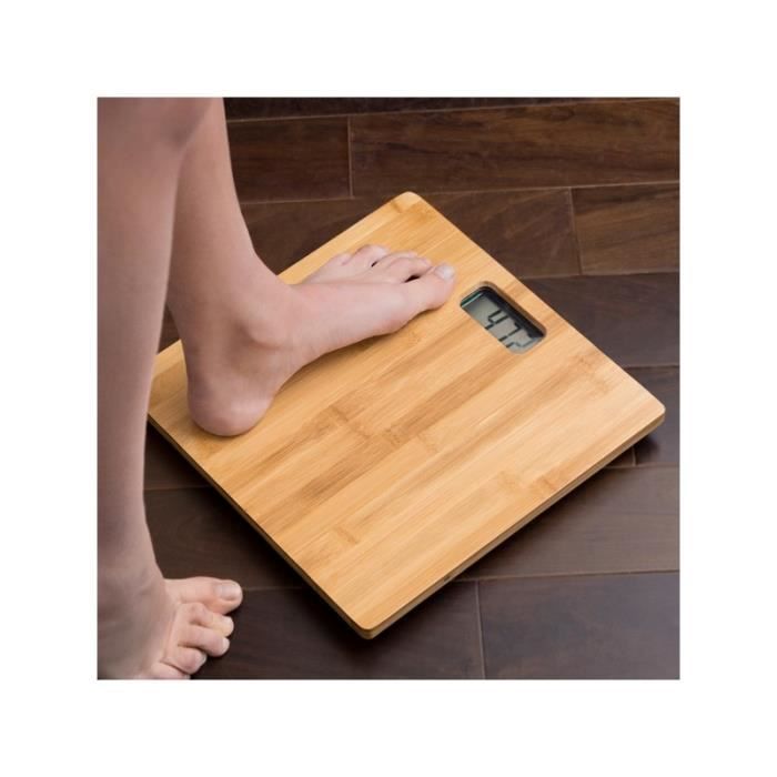 Balance p&egrave;se-personne num&eacute;rique en bambou 30x30cm