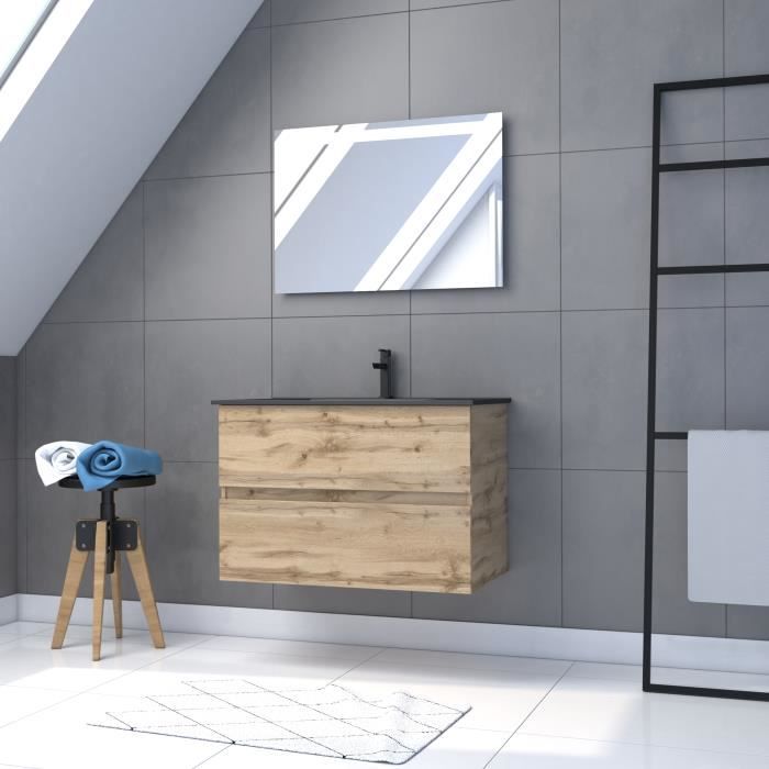 Meuble salle de bain 80x54 - Finition chene naturel + vasque noire + miroir Led - TIMBER 80 - AURLANE