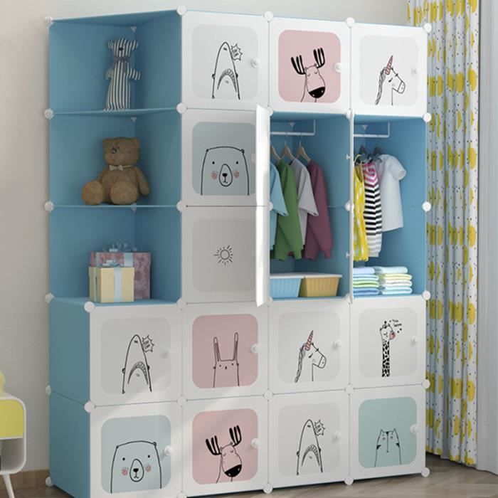 Armoire Chambre Meuble Rangement Enfant- 16 Porte 3 Penderie- Armoire  Plastique Cartoon- 147x47x147cm- Bleu - Cdiscount Maison