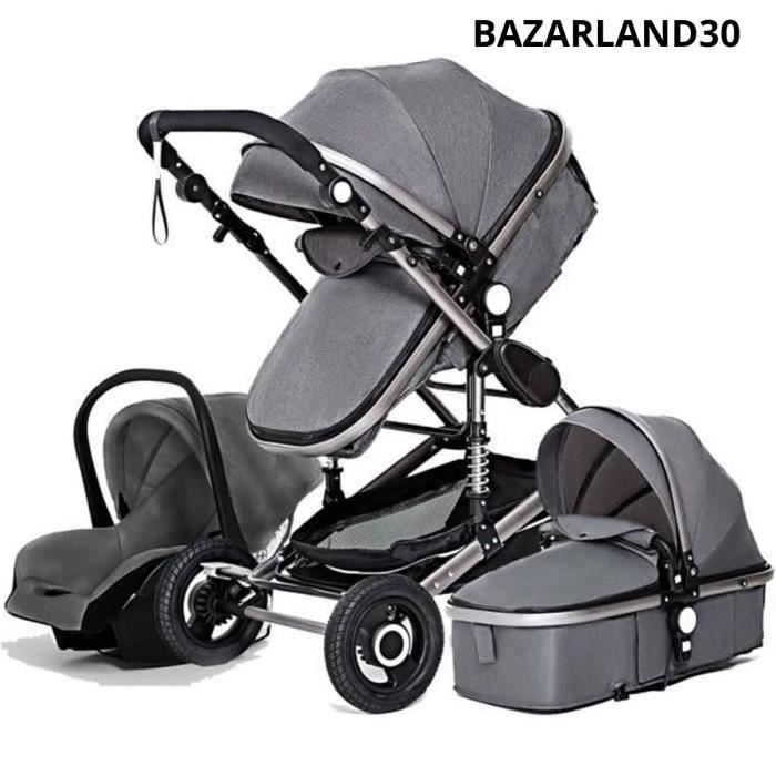 BAZARLAND30 Poussette 3 en 1 Bébé Combinée Siège-Auto Nacelle Réversible Réglable Haute Qualité Roues increvables Canne gris foncé