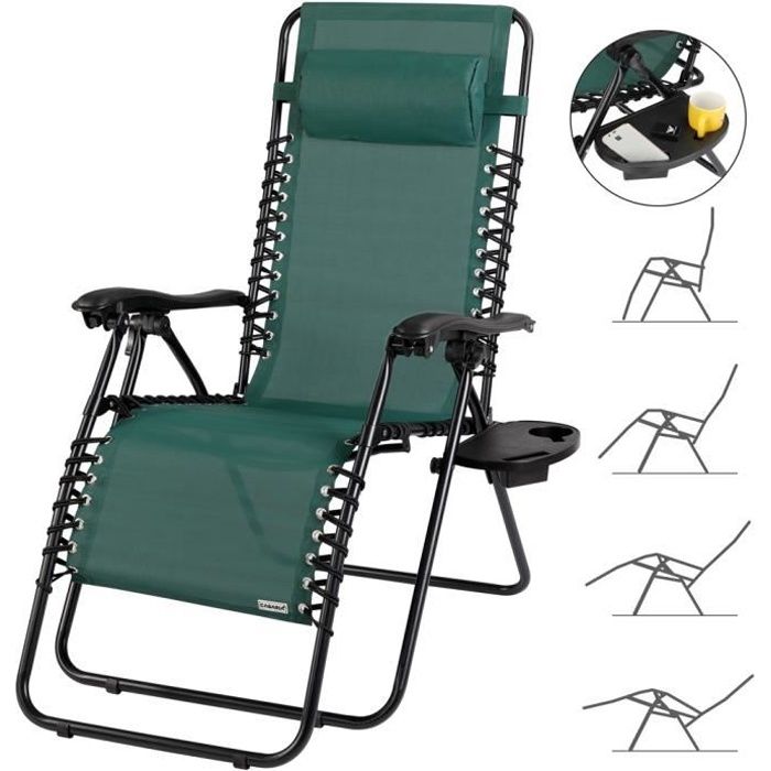 chaise longue de jardin inclinable chaise pliable avec porte-gobelet appui-tête fauteuil relax transat jardin vert