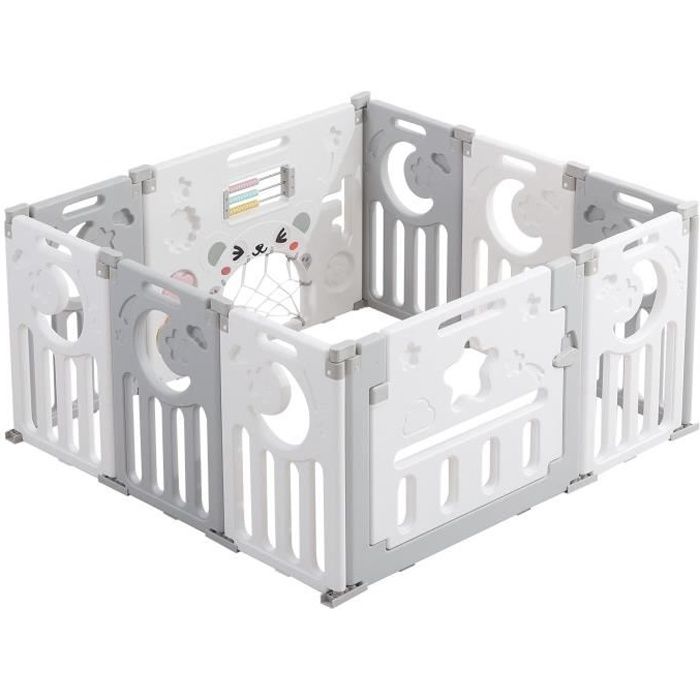 Parc Bébé Plastique Pliant 8+2 Panneaux d’Activité et Porte Barrière Sécurité Enfant Protection Intérieur Extérieur Gris Blanc