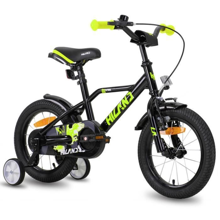 HILAND Vélo Enfant 14 Pouces pour garçon de 4-6 Ans, Frein à Main et Frein à rétropédalage-Noir et vert