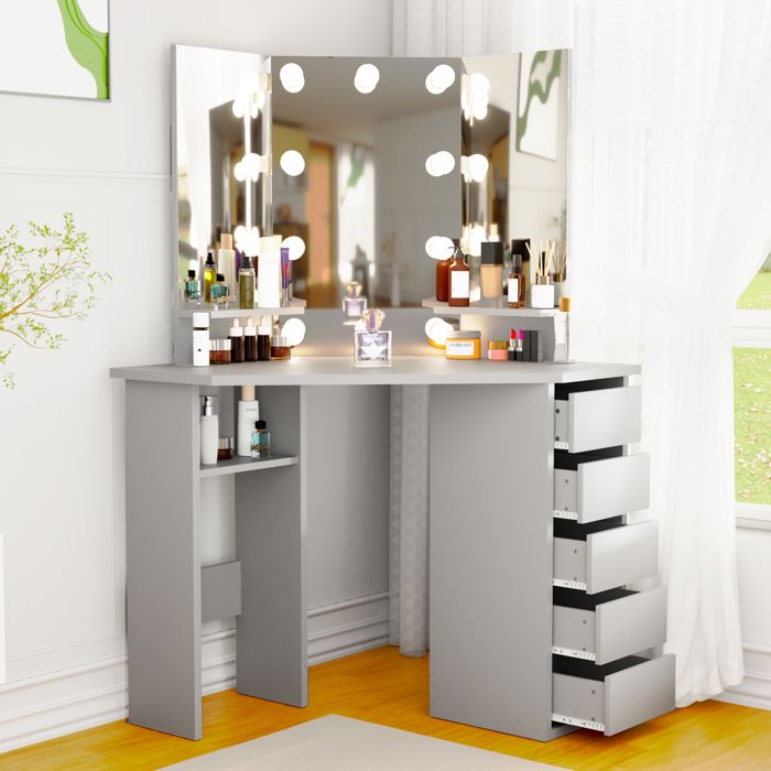 coiffeuse avec miroir et led - homdox - table de maquillage - 5 tiroirs - étagère - gris