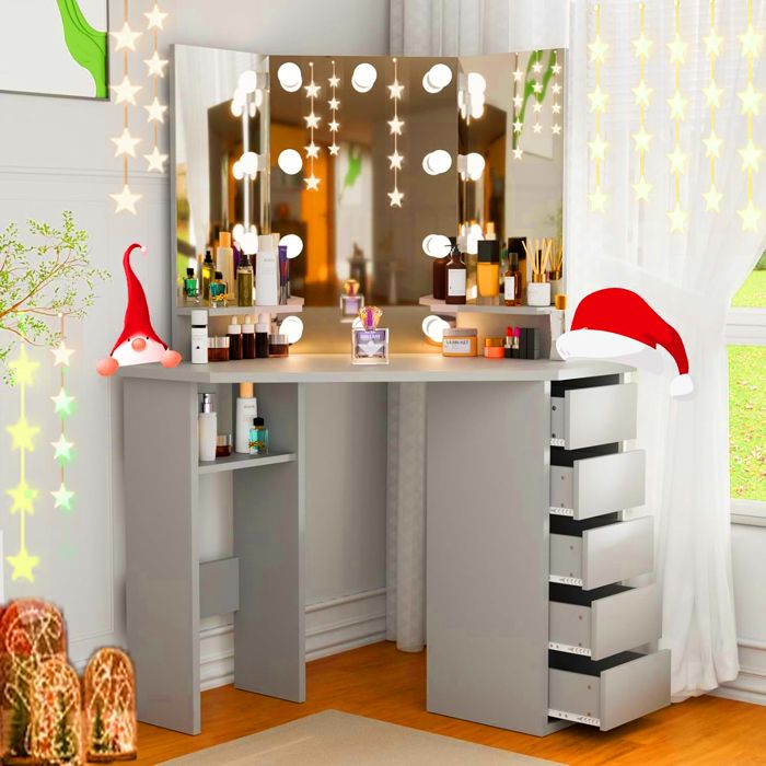 Coiffeuse avec Miroir et LED - HOMDOX - Coiffeuse dAngle Moderne-Table de Maquillage pour Femmes - 5 Tiroirs - Etagère - Gris Coiffeuse avec Miroir et LED - HOMDOX - Coiffeuse dAngle Moderne-Table de Maquillage pour Femmes - 5 Tiroirs - Etagère - Gris