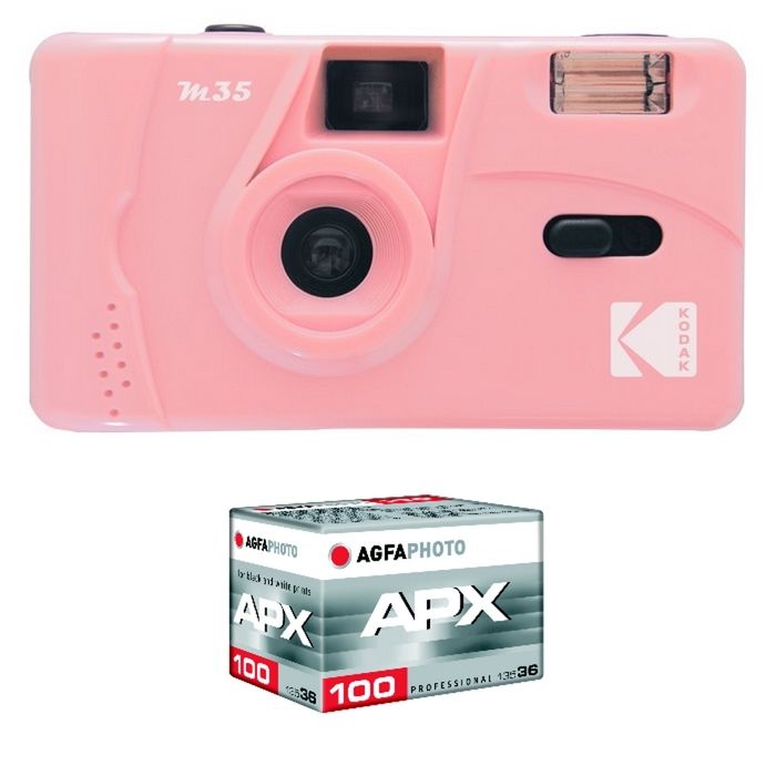 KODAK Pack M35 Argentique + Pellicule APX 100 36 poses - Appareil Photo Kodak Rechargeable 35mm Pink Objectif Grand Angle Fixe