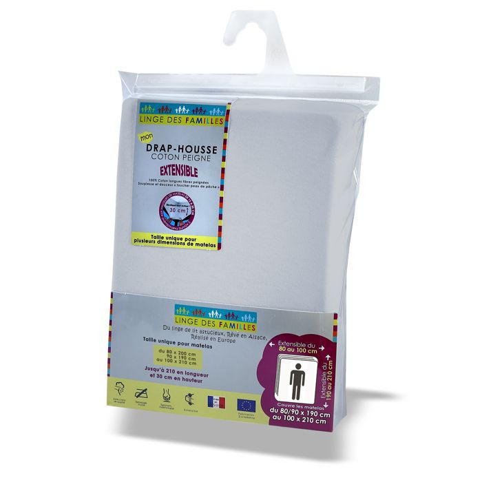 Drap Housse Jersey Extensible 90x190 cm à 100x200 cm - Coloris Argent - 100% Coton Toucher Doux - Linge des Familles