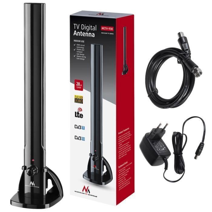 Antenne intérieure TV - MACLEAN - Antenne Radio HDTV - Amplificateur 28 dB - Conception compacte - Noir