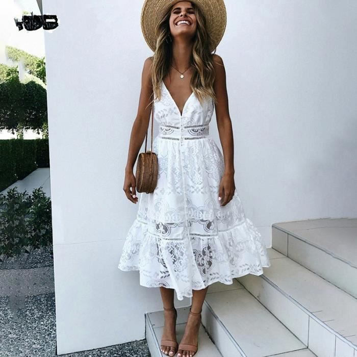 V cou sexy dentelle robe d'été femmes Strap bouton casual robe ...