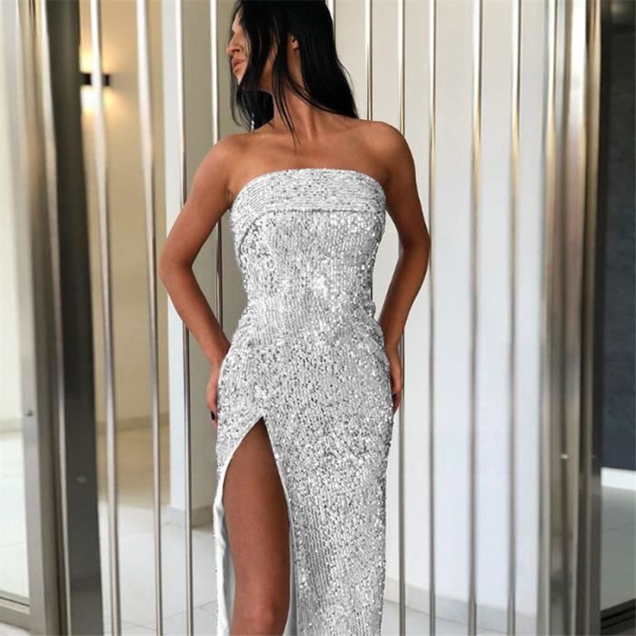 ROBE Femme Robe de soiree Robe d ete sexy a paillettes blanc YH Blanc Cdiscount Pret a Porter