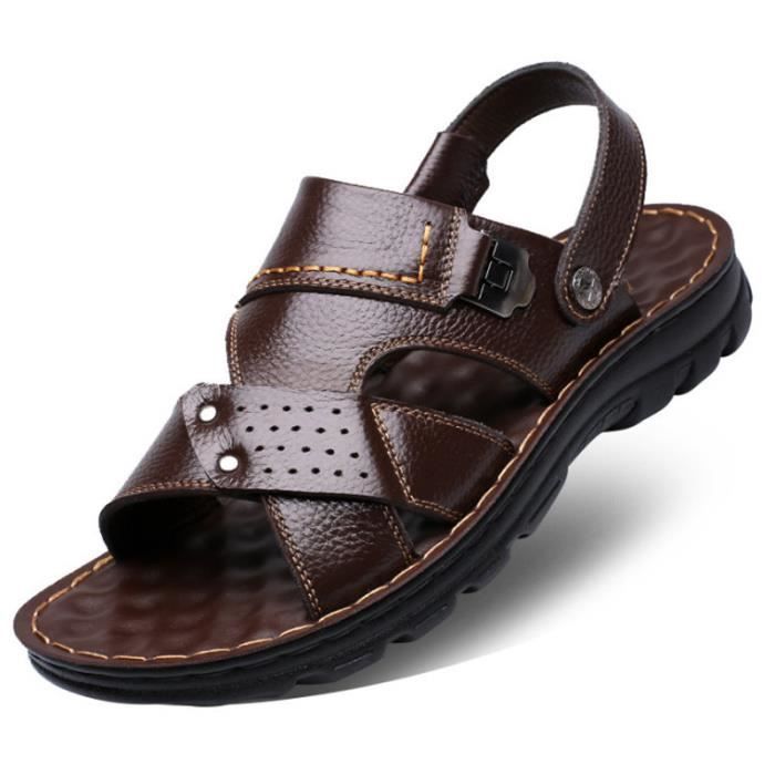 Sandales Homme PAYMA En Cuir - Pour Trekking, Plage, été - Semelle Caoutchouc, Scratch - Marron