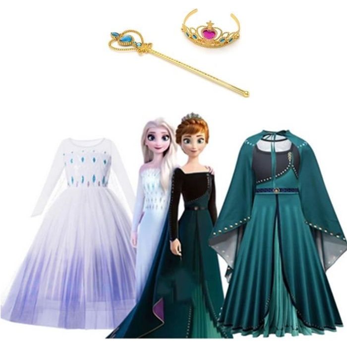 Costume Reine des Neiges - Deux Robes Elsa Anna - Pour Enfants - Bleu  Polyester - Licence La Reine des Neiges