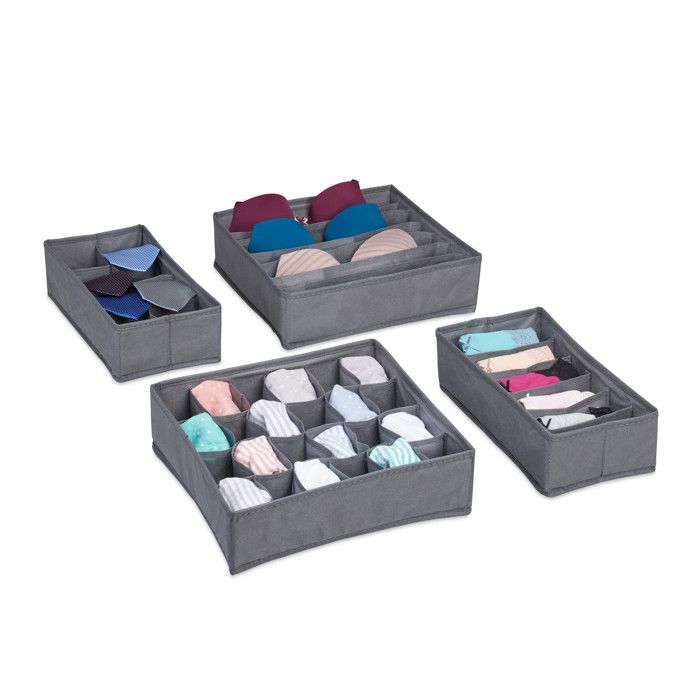 Relaxdays Organiseur sous-vêtements 4 pièces Système rangement boites pour armoire pour chaussettes gris foncé