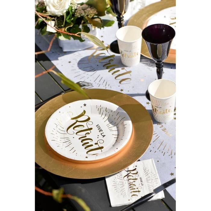 1 Pack décoration de table retraite blanc et or métallique pour 10 personnes.