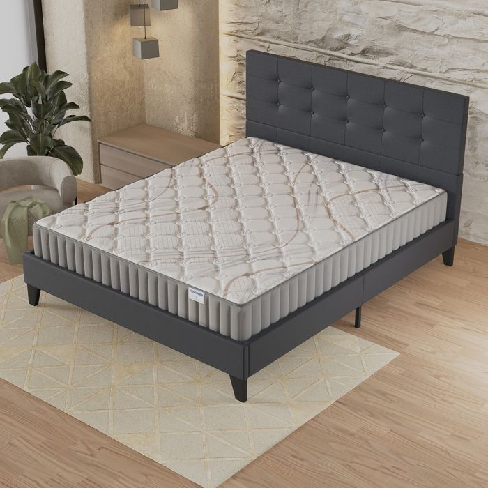 Ensemble MATELAS + LIT (140x200cm)- Sirius 16cm Latex Naturel & Mousse HDensité + Sommier stable & tête de lit revêtement Noir