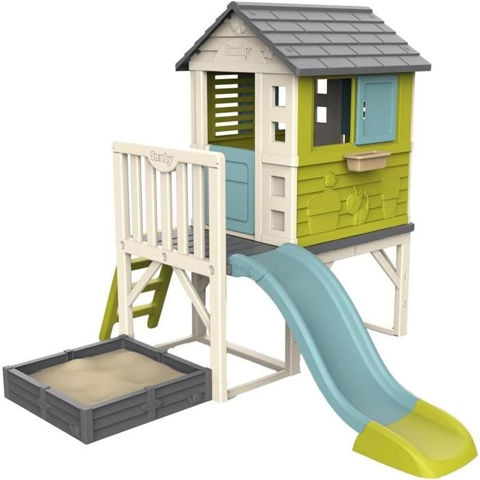 Smoby - Maison Enfant Pilotis Square - Toboggan + Echelle - Bac à sable ou Carré à potager