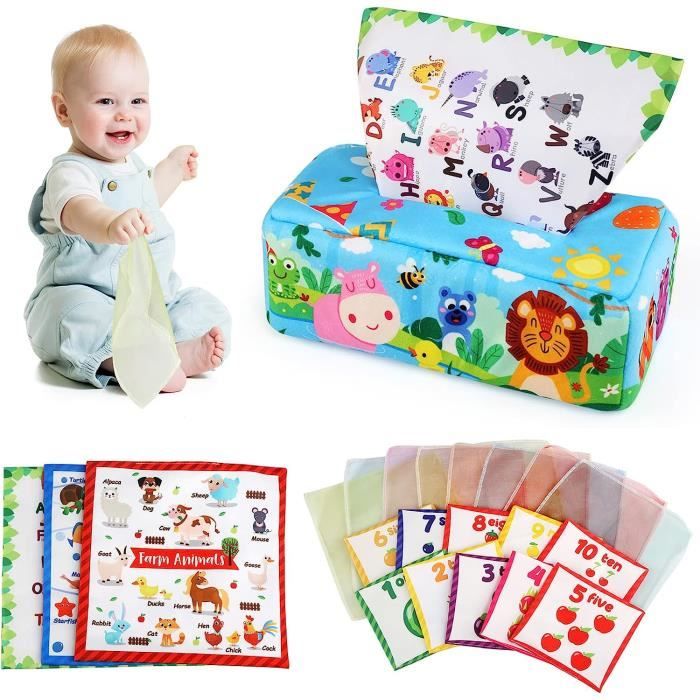 BASAMOU Jouet Montessori Boite Mouchoir Bu00e9bu00e9 6-18 Mois, 7 En 1 Jeux Montessori Cube D'activitu00e9 Bebe 1-3 Ans Enfant Jouet D'u00e9veil U00c9ducatif En Bois