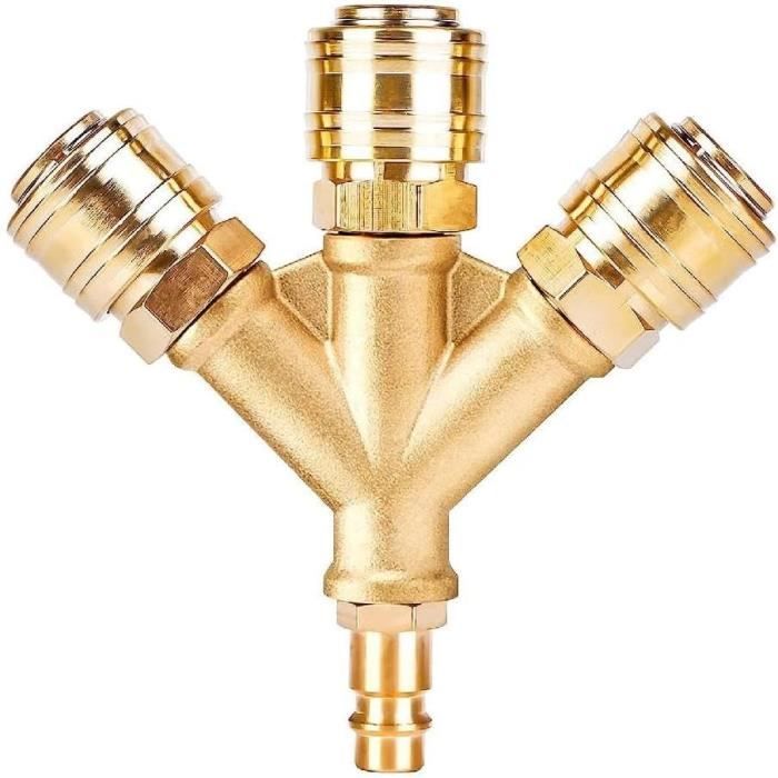 Distributeur D'Air Comprimé 2 Voies - En Y, Laiton Nickelé - Raccords 1/4 Pouce - Pour Compresseurs Et Outils Pneumatiques