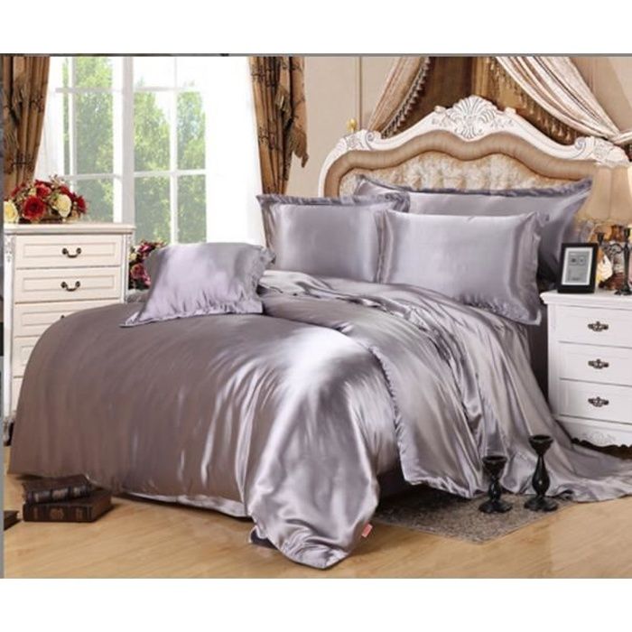 Parure de drap en Soie Satinée -Parure de lit 4 Pcs = 2 Taies doreiller 1 Drap-Housse 1 Housse de Couette -220x240cm-Gris