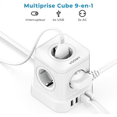 VOOMY, Multiprise Cube 9-en-1 2 M, 5 Prises et 4 Ports USB, Avec  Interrupteur