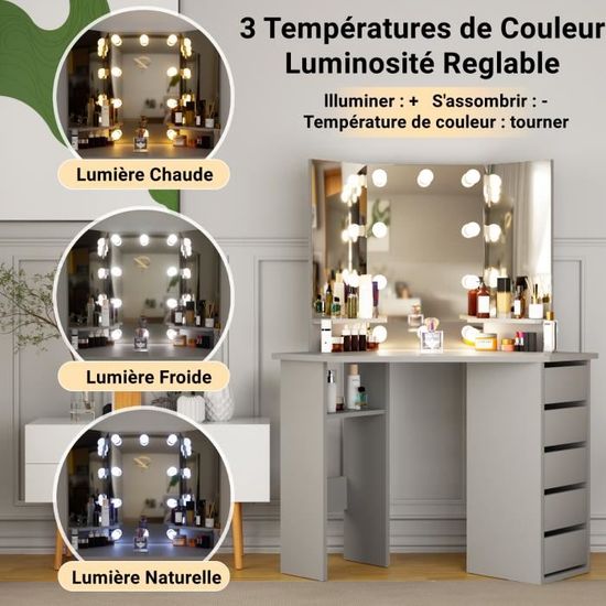Coiffeuse avec miroir et LED - HOMDOX - Table de maquillage - 5 tiroirs -  étagère - Gris - Cdiscount Maison